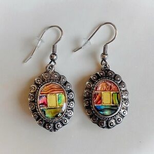 Vintage Silver Tone Rainbow Abalone Shell & Resin Inlay Dangle Earrings